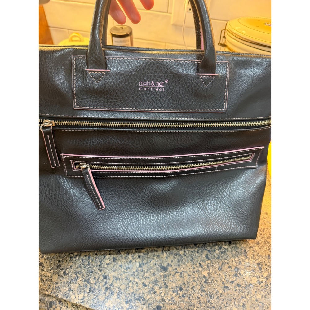 Matt & Nat Montreal Black Vegan Leather Tote Bag with Pink Stitching‎